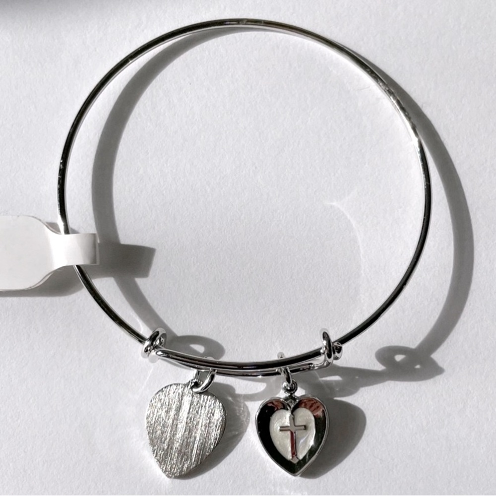 Engravable Religious Christian Cross Heart Charm Bracelet Adjustable Stacking